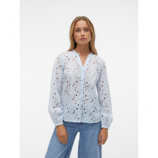 Vero moda VMIDA L/S V-NECK SHIRT WVN BTQ 10303333 skyway snow white embroidery