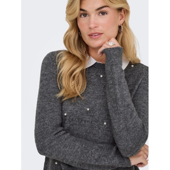 Only ONLDOLLY LS WOVEN MIX PEARL PULL CC KNT 15353350 mediium grey melange w cloud dancer woven mix