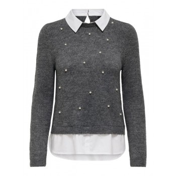 Only ONLDOLLY LS WOVEN MIX PEARL PULL CC KNT 15353350 mediium grey melange w cloud dancer woven mix