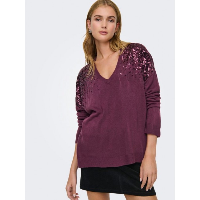 Only ONLSTARRY LS SEQUIN BOXY V-NECK KNT 15359241 4894619 maauve wine sequins