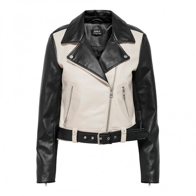 ONLY ONLADINE FAUX LEATHER BIKER JKT CC OTW 15260000  PUMICE STONE BLACK SLEEVES